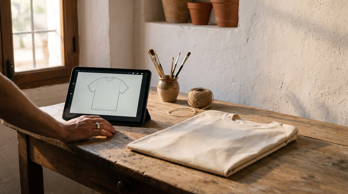 Tableta con el boceto de una camiseta junto a la prenda doblada en una mesa de taller