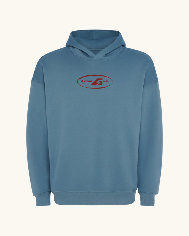 COR x Axiom Studio — sudadera azul tormenta con QR personalizable, vista frontal | Axiom Studio