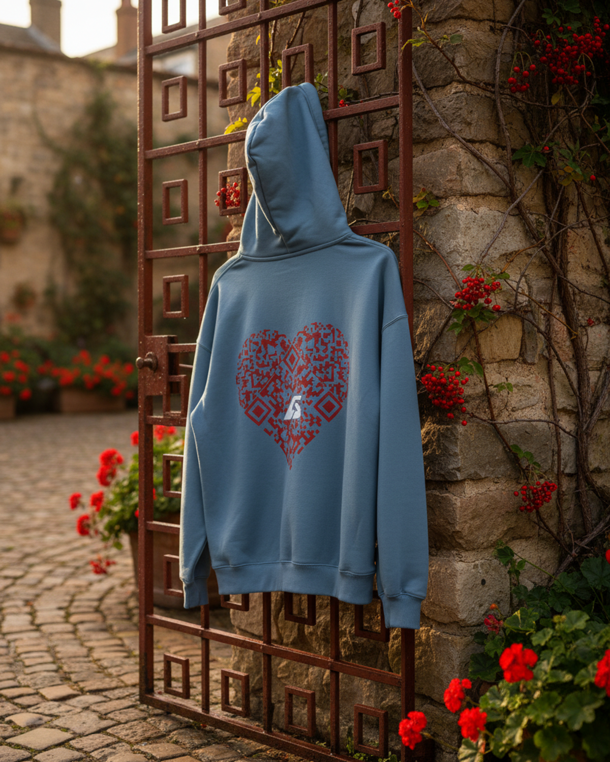 COR x Axiom Studio — sudadera azul tormenta con QR personalizable, detalle de la prenda | Axiom Studio