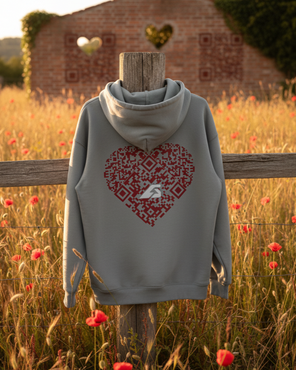 COR x Axiom Studio — sudadera gris piedra con QR personalizable, detalle de la prenda | Axiom Studio
