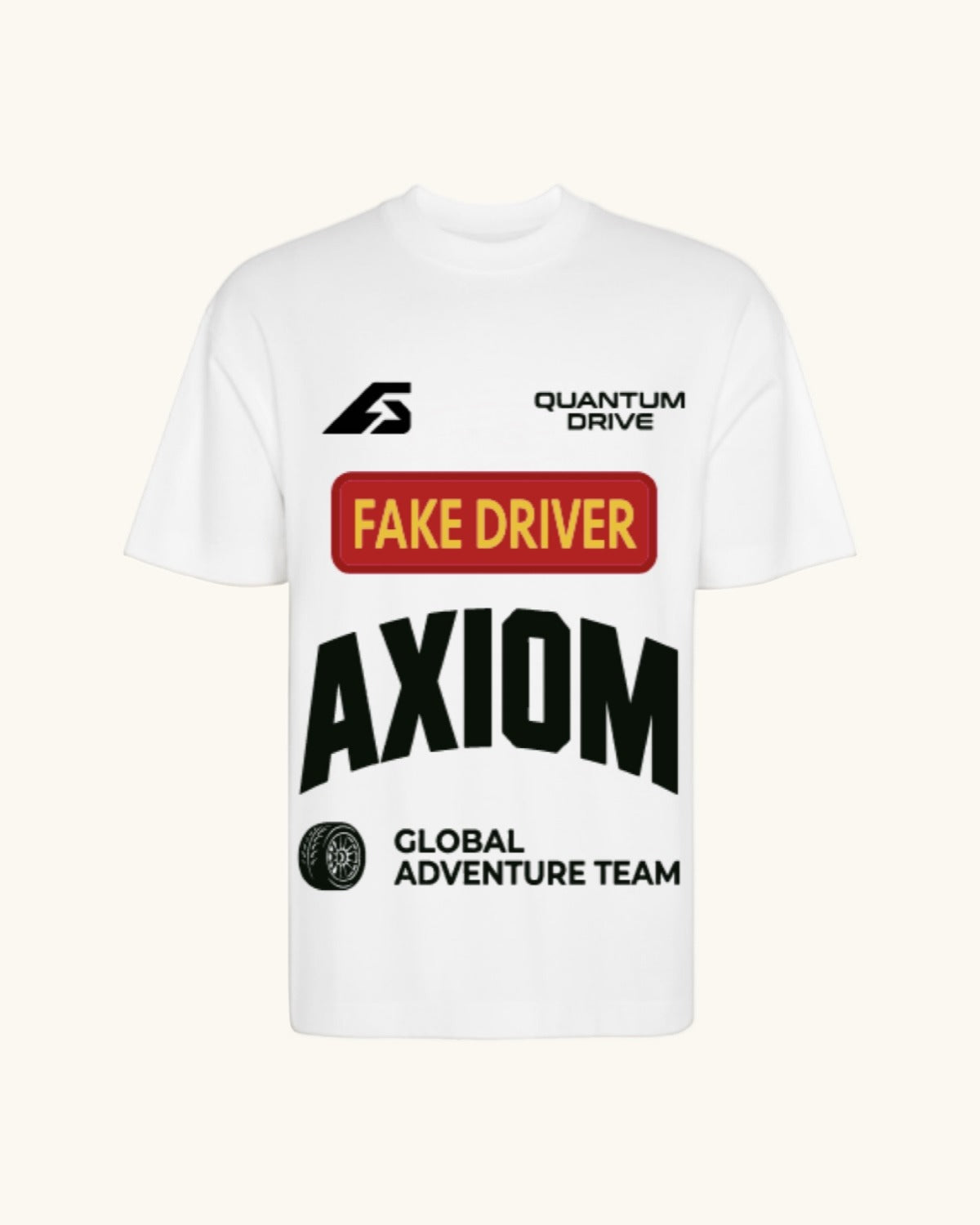 FAKE DRIVER — camiseta blanco estilo motorsport, drop edición limitada, vista frontal | Axiom Studio