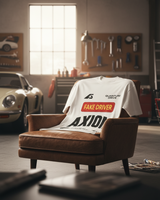 FAKE DRIVER — camiseta blanco vintage estilo motorsport, drop edición limitada, detalle de la prenda | Axiom Studio