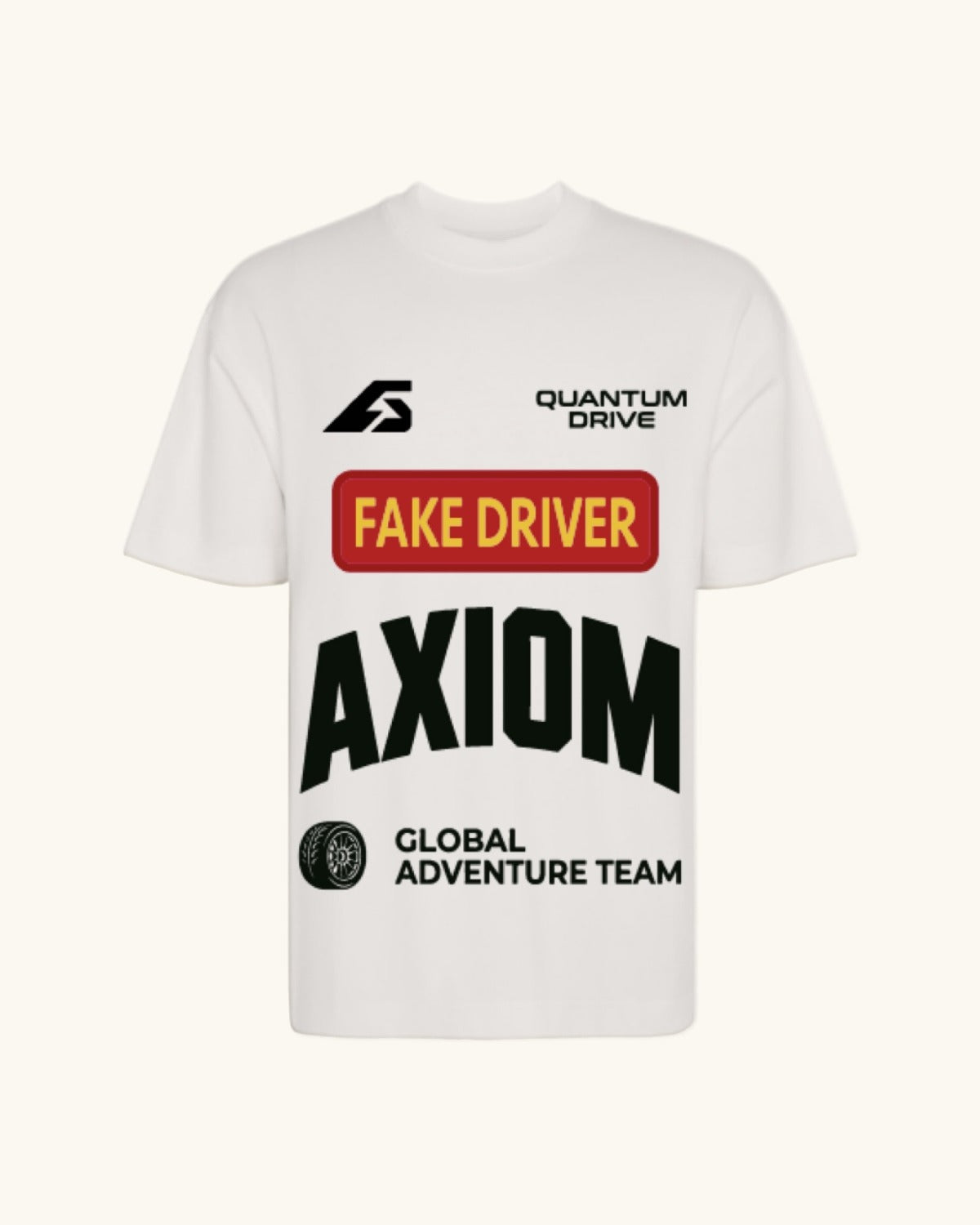 FAKE DRIVER — camiseta blanco vintage estilo motorsport, drop edición limitada, vista frontal | Axiom Studio