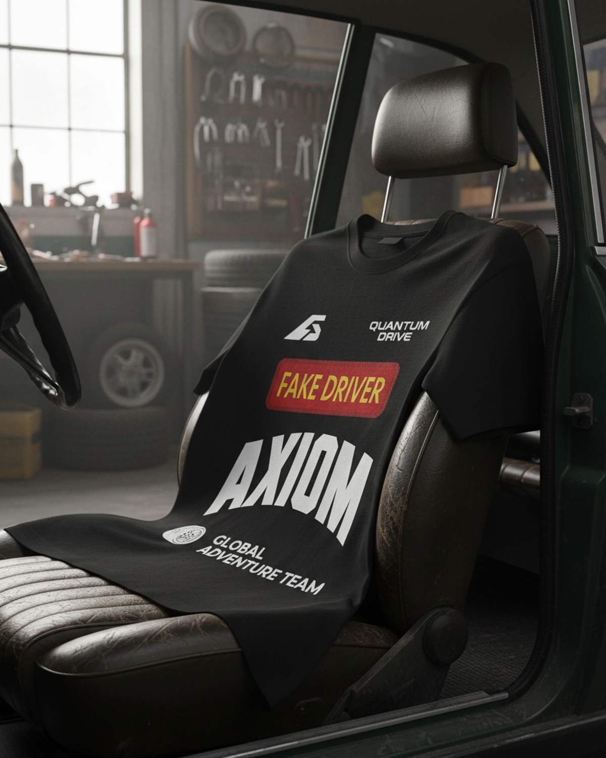FAKE DRIVER — camiseta negro estilo motorsport, drop edición limitada, detalle de la prenda | Axiom Studio