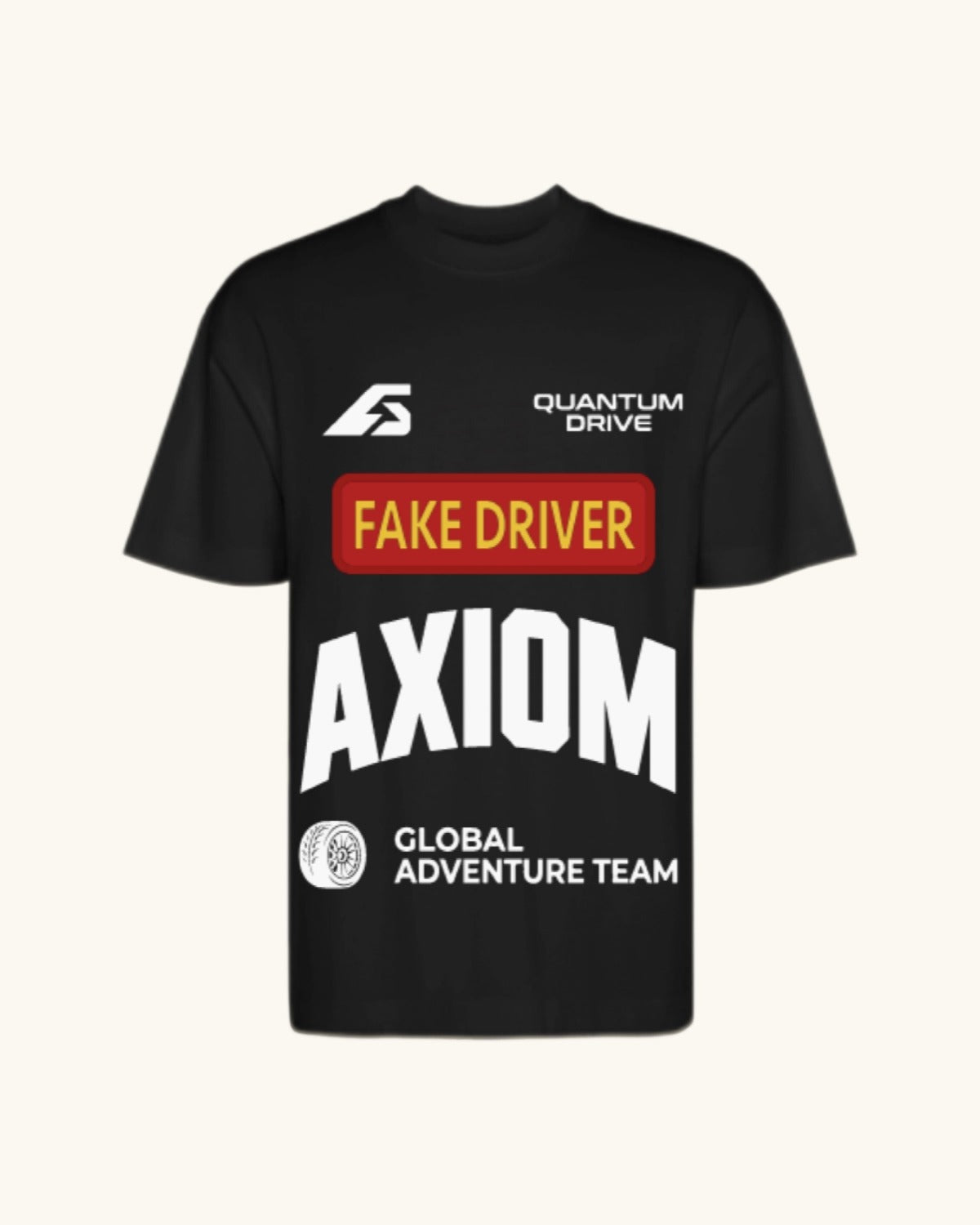 FAKE DRIVER — camiseta negro estilo motorsport, drop edición limitada, vista frontal | Axiom Studio