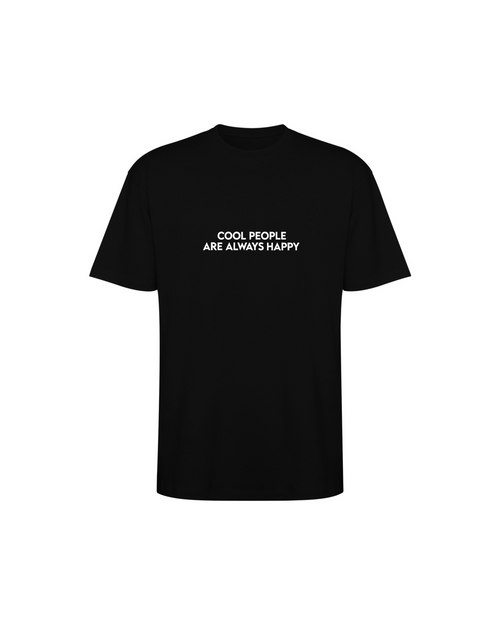 COOL PEOPLE ARE ALWAYS HAPPY — camiseta negro con QR personalizable, vista frontal con la frase estampada | Axiom Studio