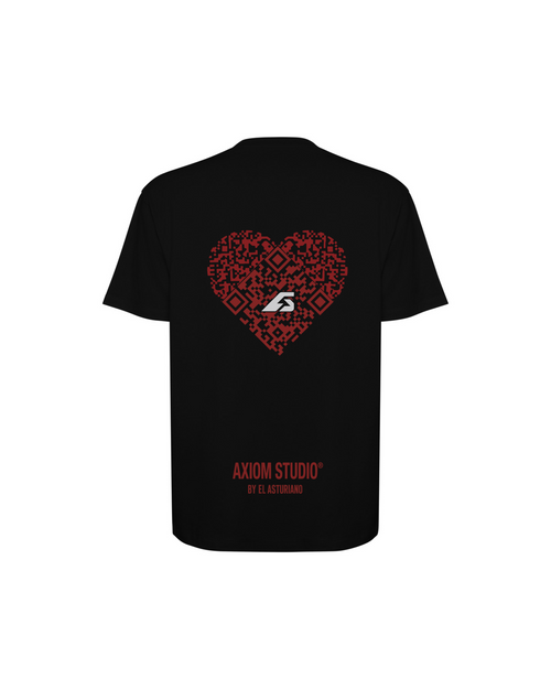 COOL PEOPLE ARE ALWAYS HAPPY — camiseta negro con QR personalizable, corazón QR estampado en la espalda | Axiom Studio