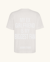 EX-GIRLFRIEND — camiseta streetwear «My Biggest Fan» en blanco vintage, vista frontal | Axiom Studio
