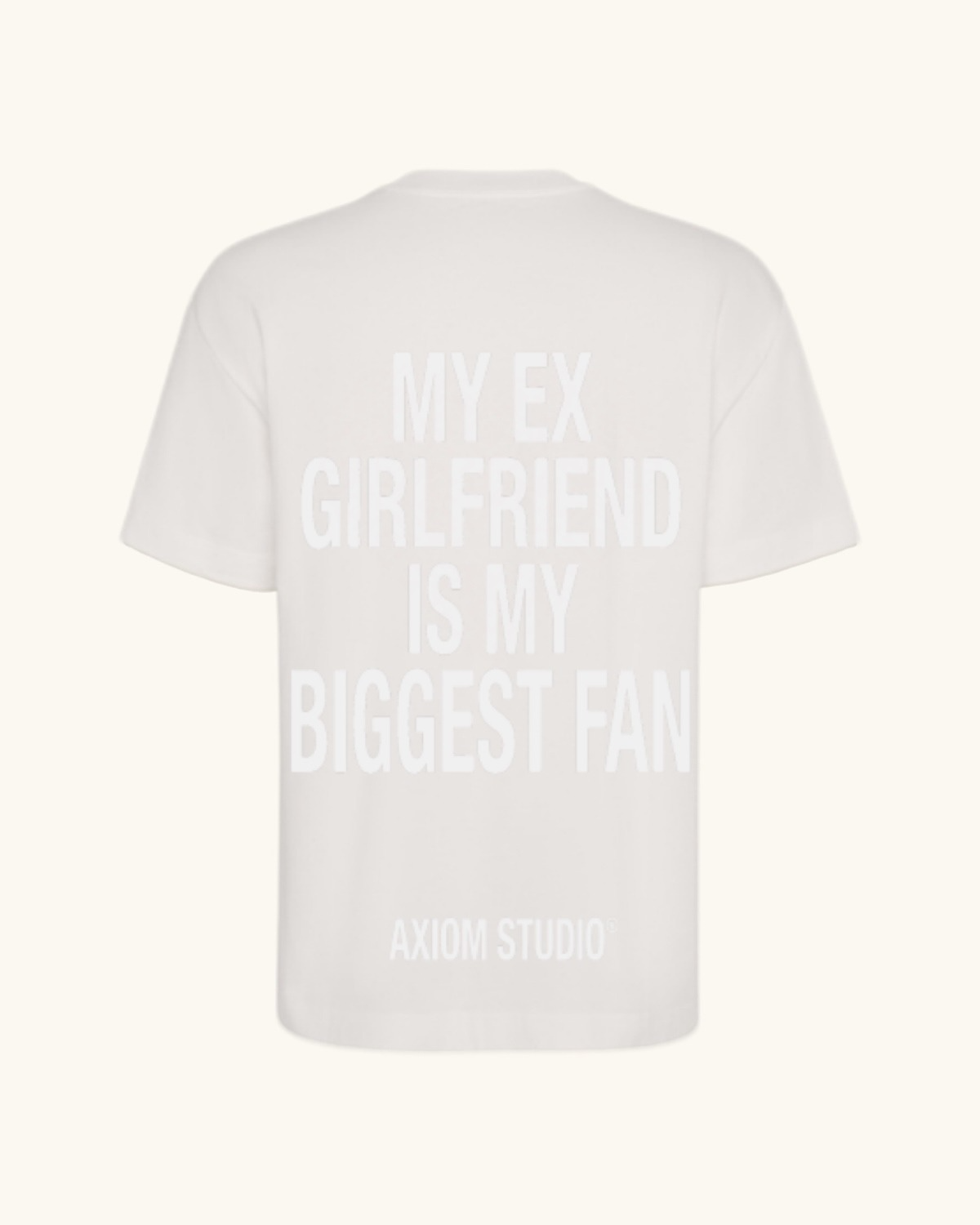 EX-GIRLFRIEND — camiseta streetwear «My Biggest Fan» en blanco vintage, vista frontal | Axiom Studio
