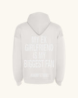 EX-GIRLFRIEND — sudadera streetwear «My Biggest Fan» en blanco vintage, vista frontal | Axiom Studio