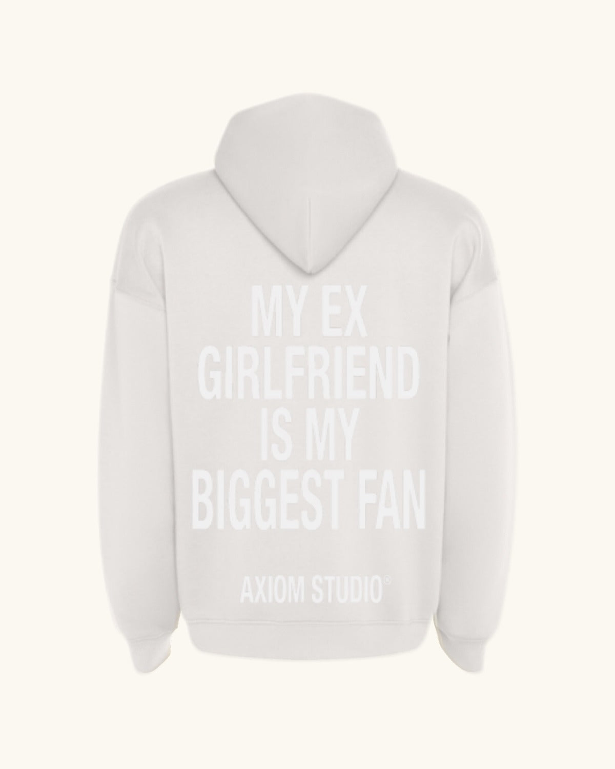 EX-GIRLFRIEND — sudadera streetwear «My Biggest Fan» en blanco vintage, vista frontal | Axiom Studio
