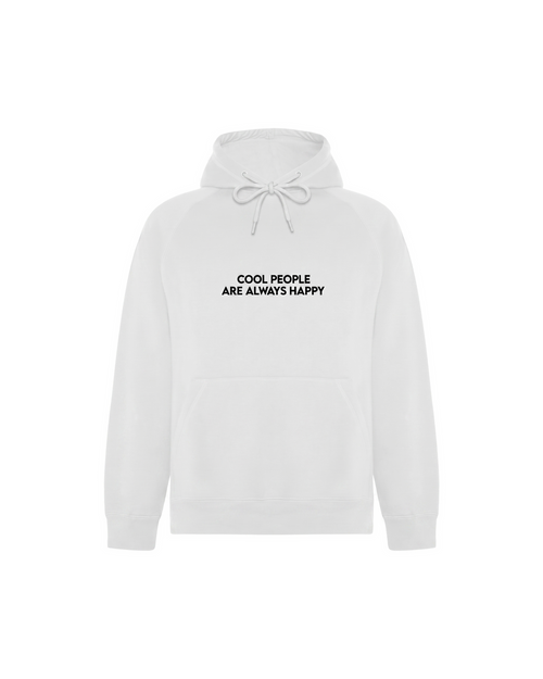 COOL PEOPLE ARE ALWAYS HAPPY sudadera blanco con QR personalizable, vista frontal con la frase estampada | Axiom Studio