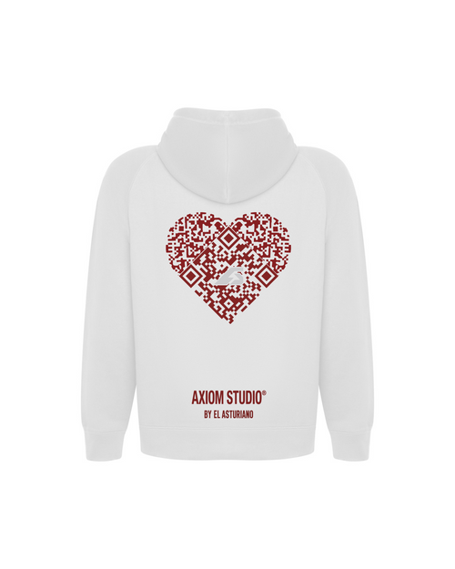 COOL PEOPLE ARE ALWAYS HAPPY sudadera blanco con QR personalizable, corazón QR estampado en la espalda | Axiom Studio