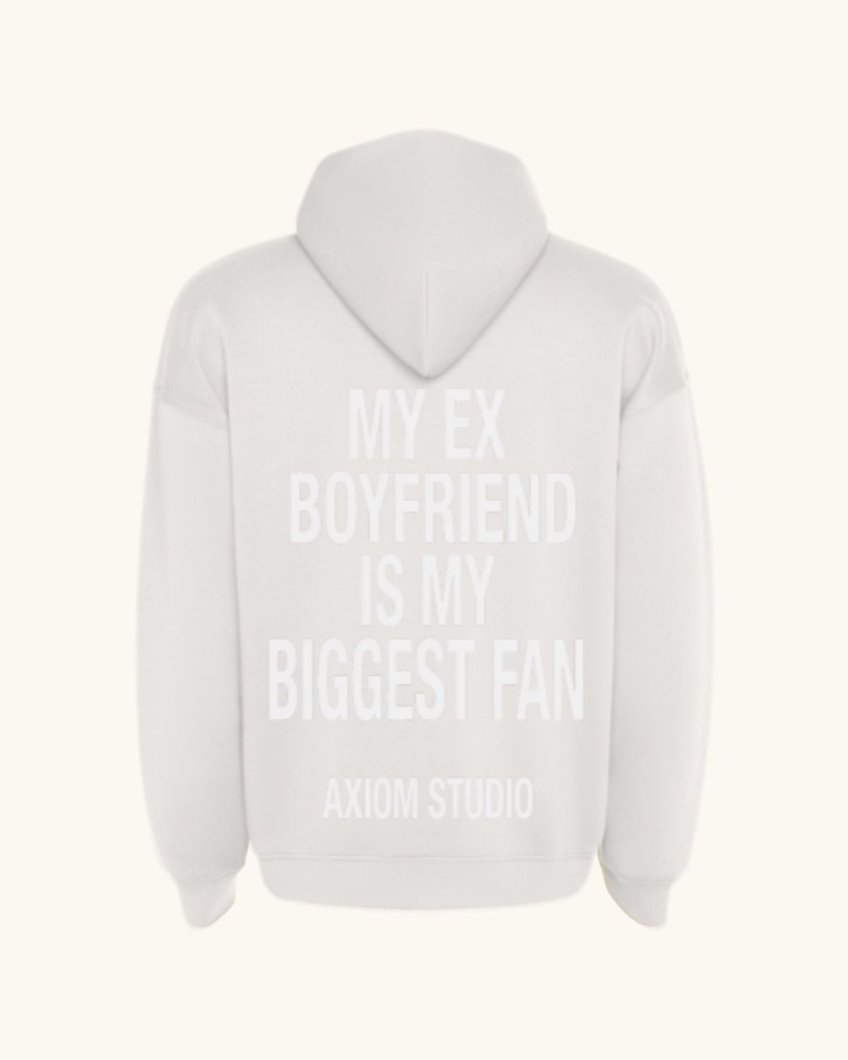 EX-BOYFRIEND — sudadera streetwear «My Biggest Fan» en blanco vintage, vista frontal | Axiom Studio
