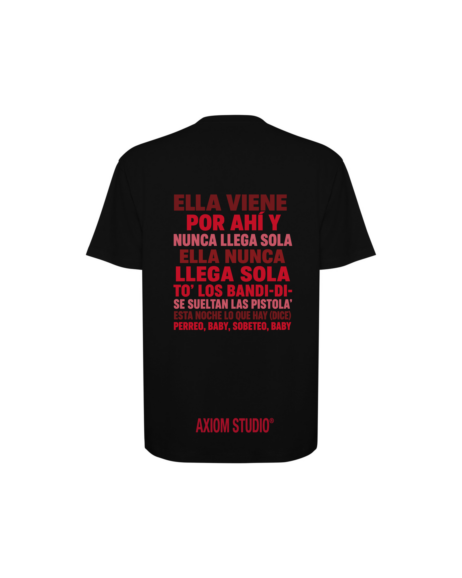 Espalda de la camiseta SOBETEO SPIDER negra, con el bloque de frases y el sello Axiom Studio
