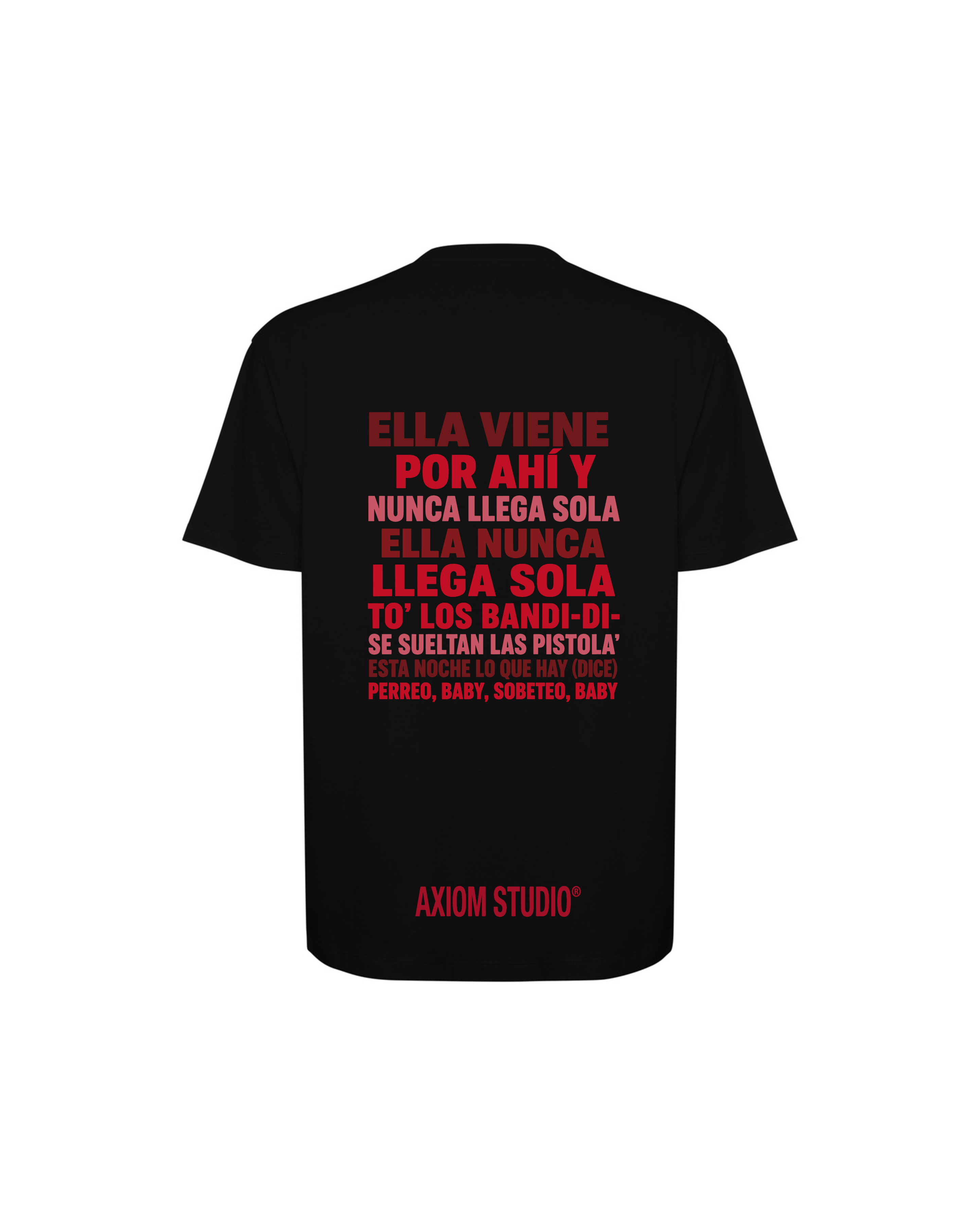 Espalda de la camiseta SOBETEO SPIDER negra, con el bloque de frases y el sello Axiom Studio